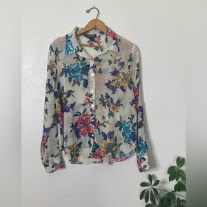 About A Girl Sheer Floral Blouse Size Medium Button Down Roll Sleeves